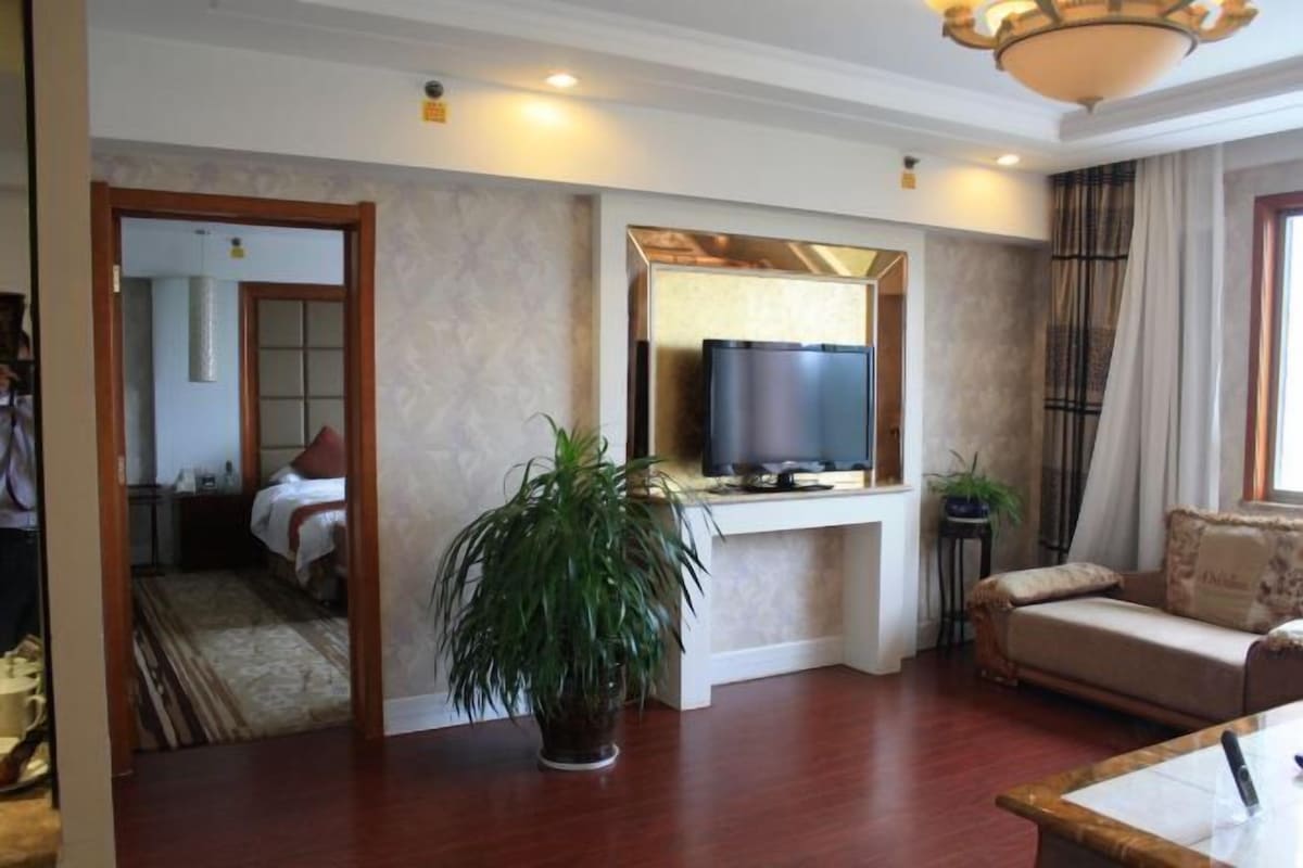 A hotel room with a bed, a TV, a sofa, and a potted plant.