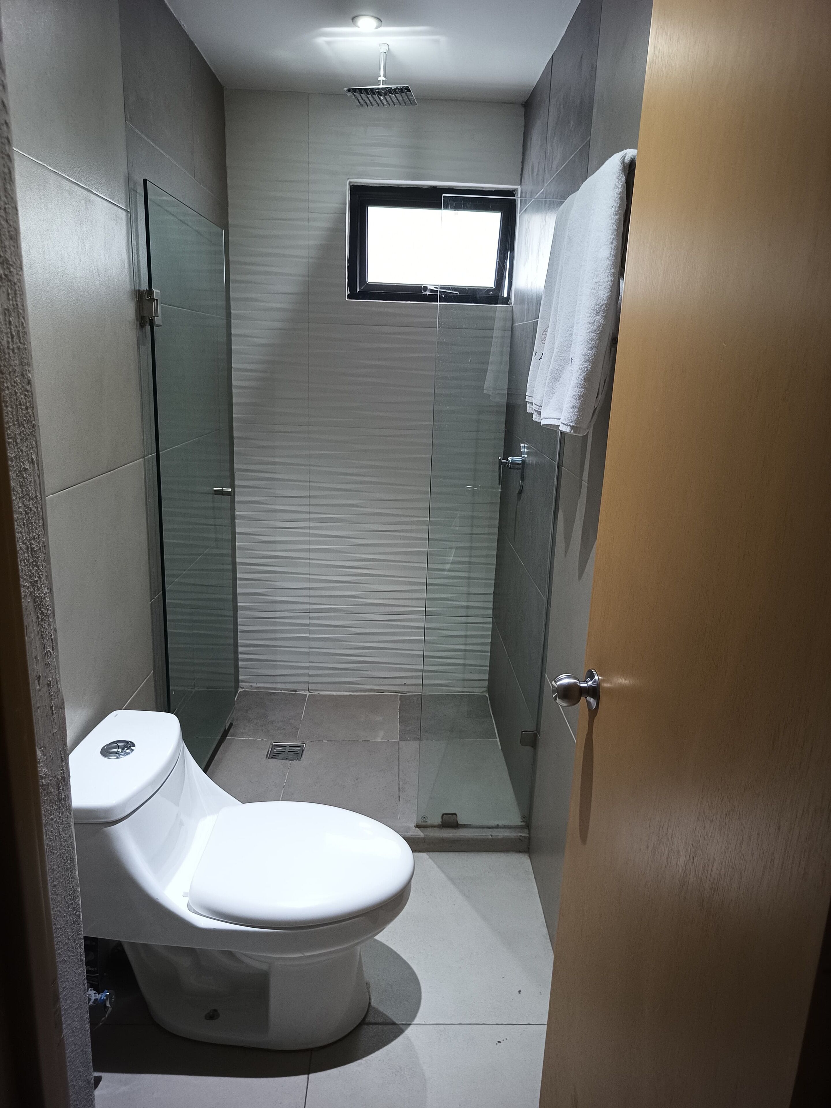 A modern bathroom with a toilet, a glass shower enclosure, and a window.