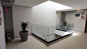 Ein modernes Interieur mit Glastrennwand, Blumentopf und Mülleimer.