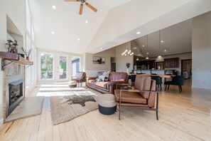 TV, fireplace, video games, foosball