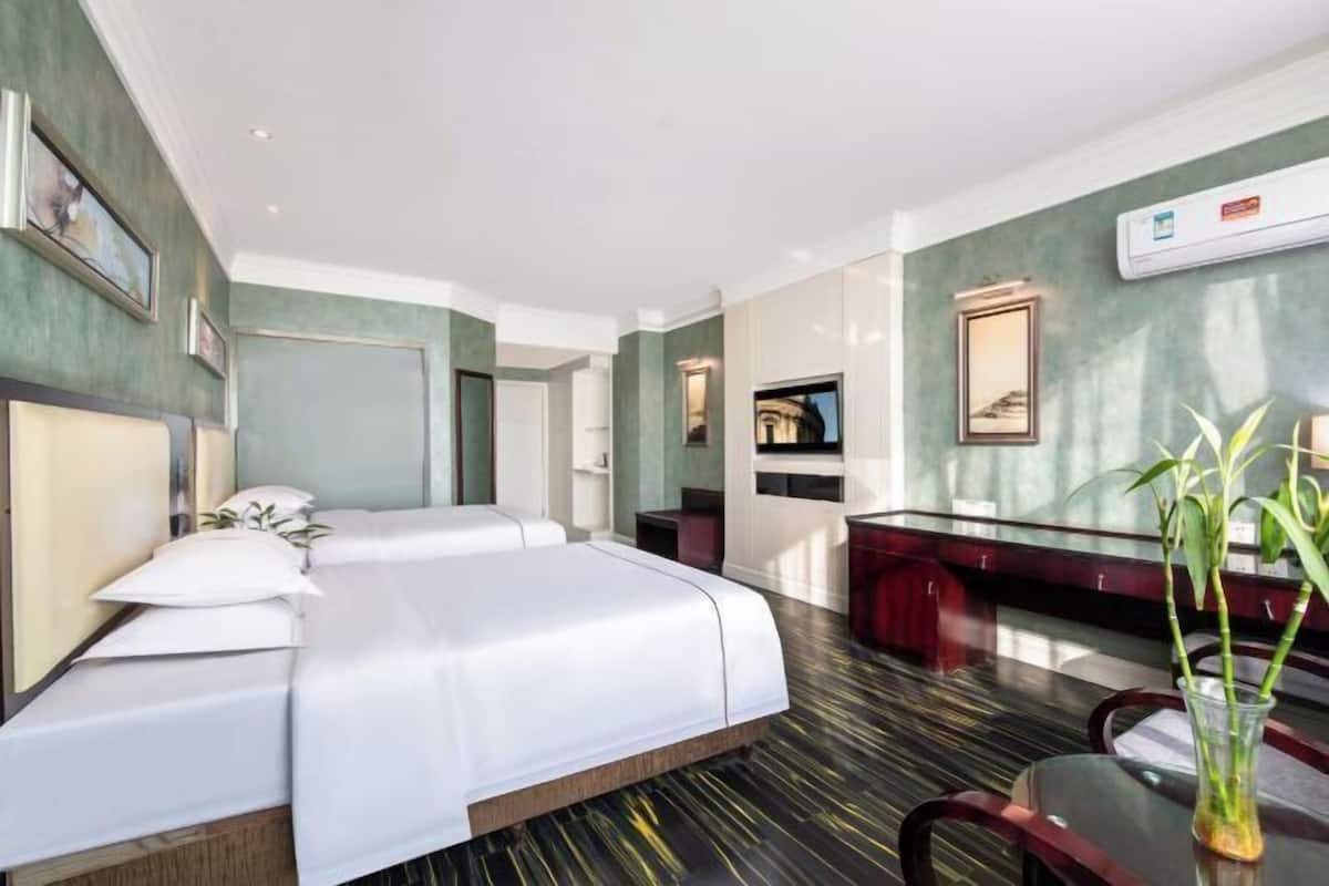 A hotel room with a bed, a desk, a chair, a TV, and a plant.