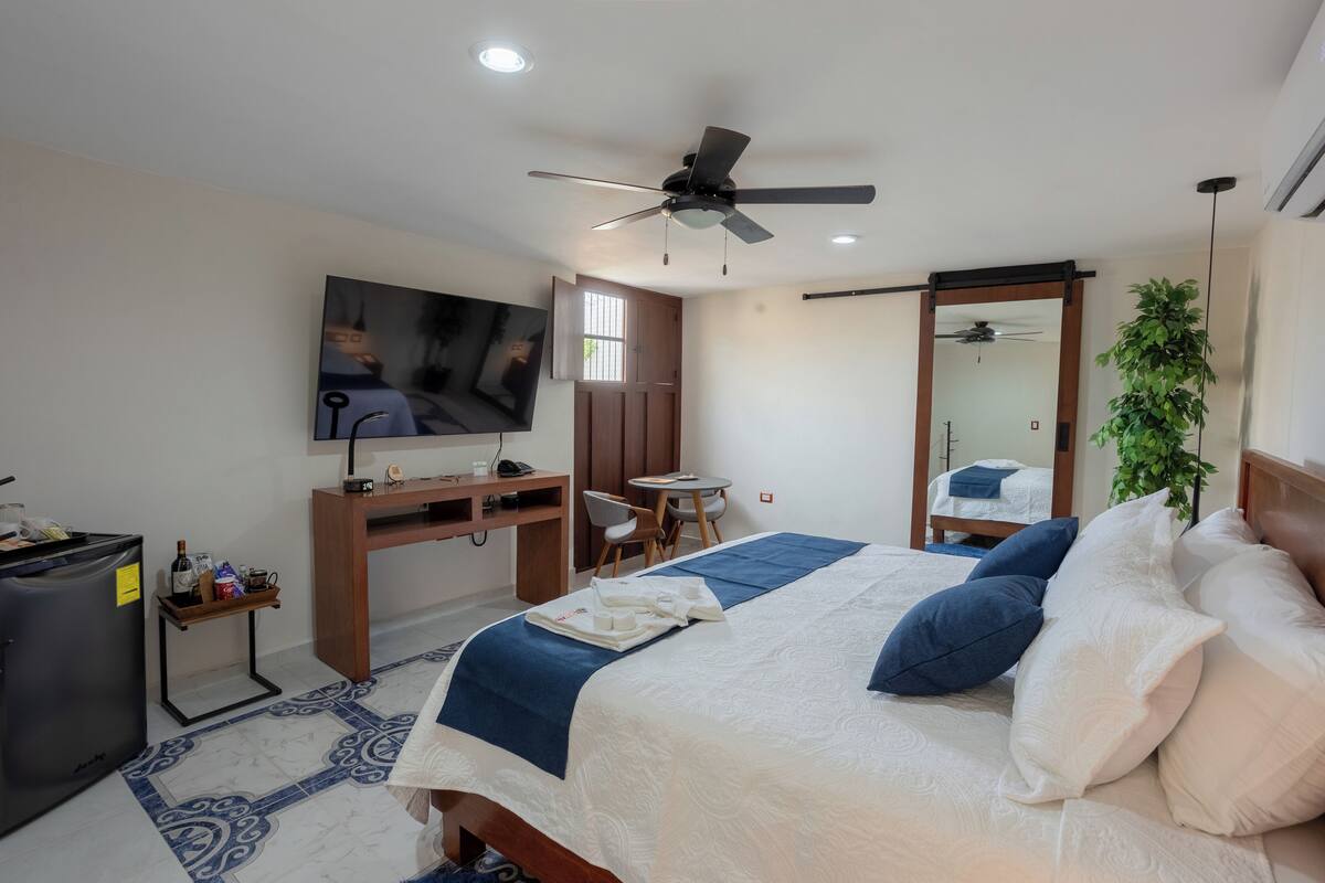 Una habitación de hotel con cama, escritorio, silla, televisor, ventilador de techo y planta.