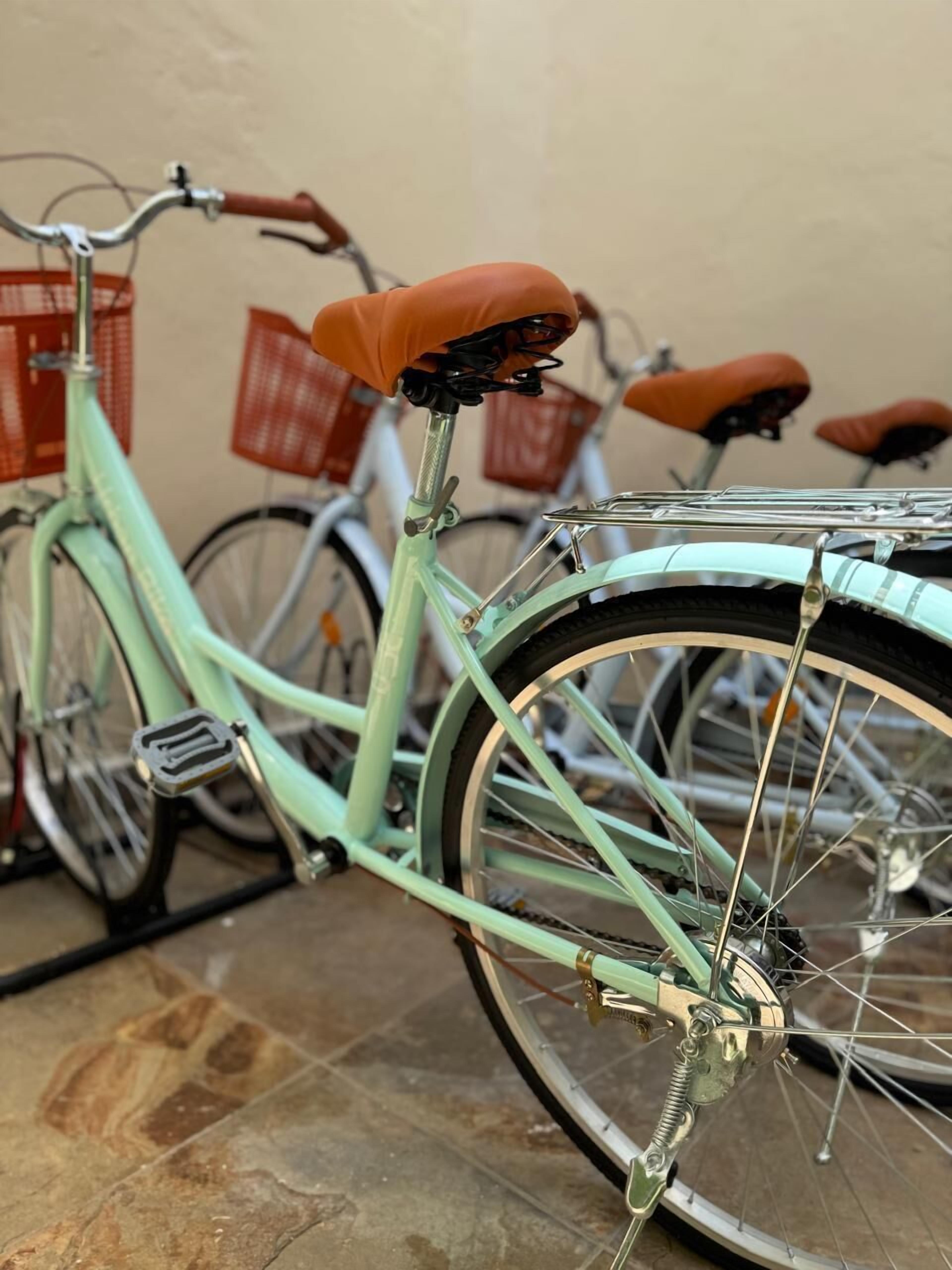 Een frisgroene fiets met een bruin zadel en een mandje, binnengeparkeerd tussen andere fietsen.