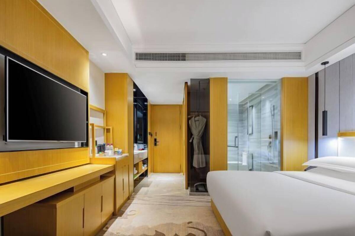 Una habitación de hotel moderna con un televisor de pantalla plana grande, muebles de madera, un vestidor y una zona de ducha con mampara de cristal.