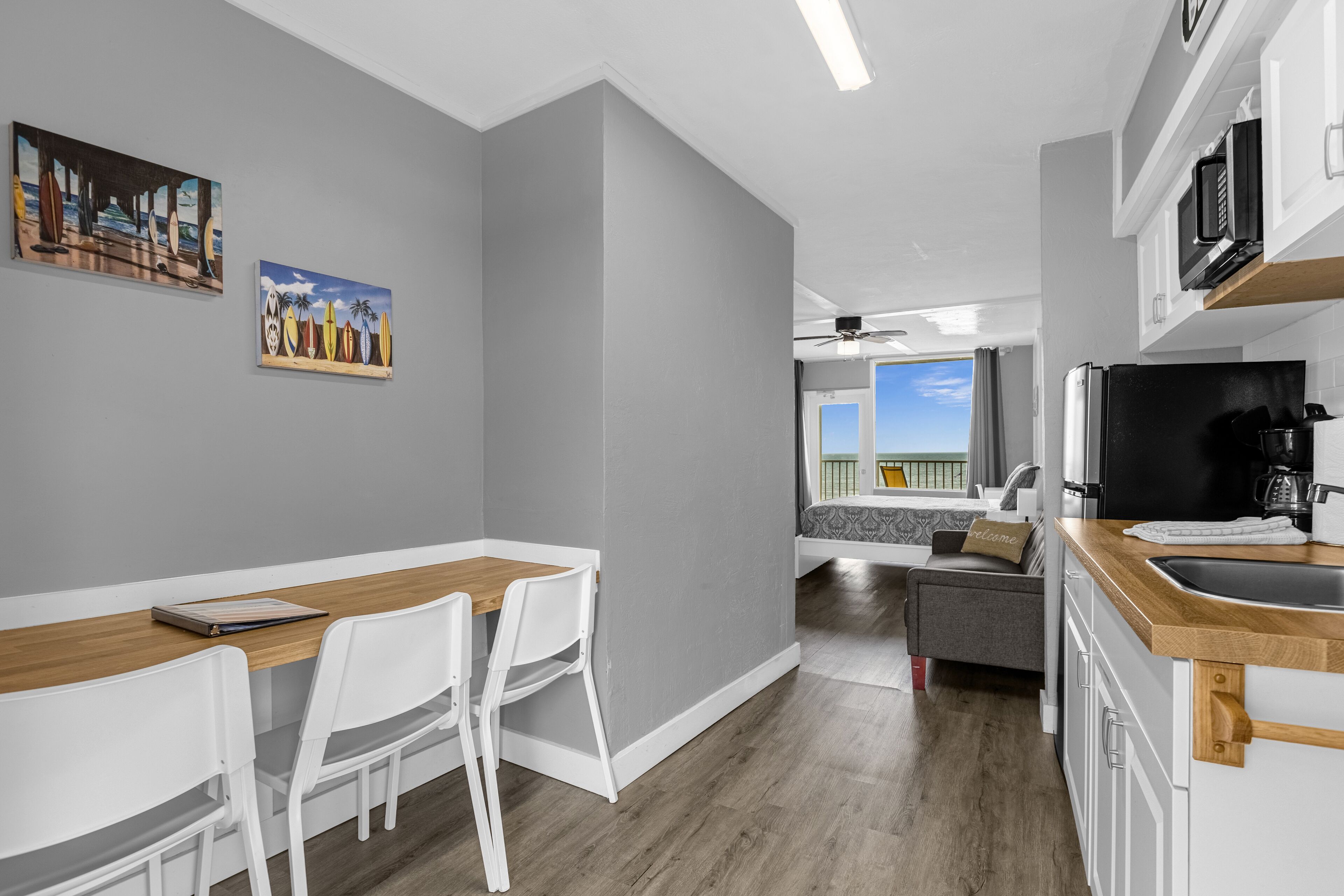 Fridge, microwave, coffee/tea maker, toaster