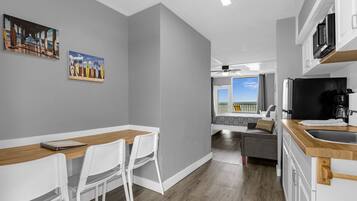 Fridge, microwave, coffee/tea maker, toaster