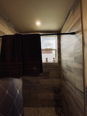 Ein Badezimmer mit Dusche, Handtuchhalter und einem Fenster mit Blick auf Gebäude.