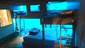A room with bunk beds, a ladder, and a window. - 2500 SF Remodeled Cottage on a Quiet Lake in the Woods (Rhinelander)