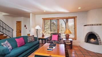 Smart TV, fireplace, DVD player, books