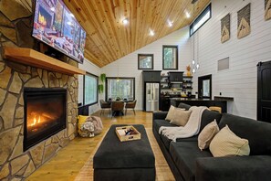 Smart TV, fireplace, books, stereo