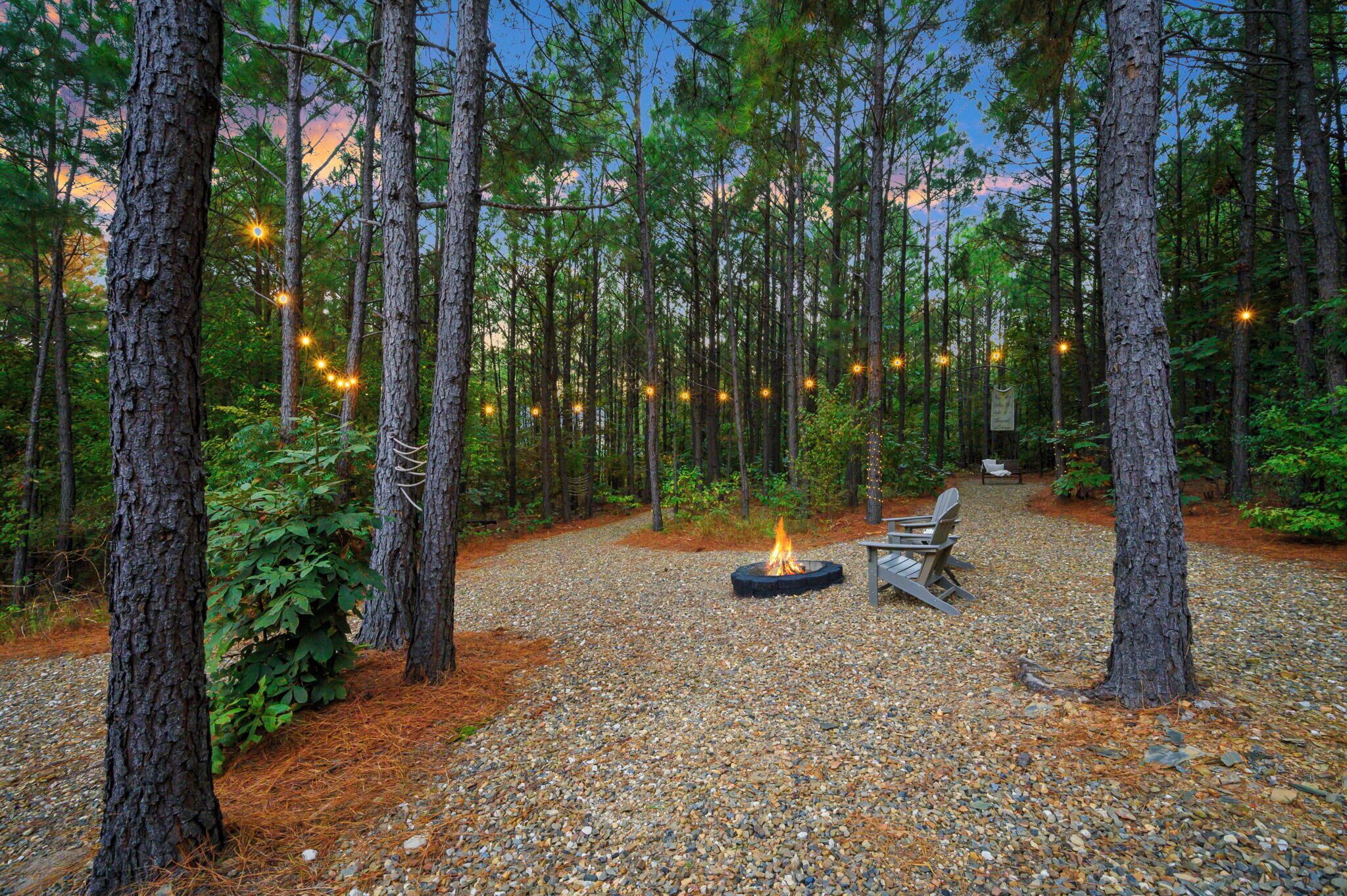 Ein Waldcampingplatz mit Feuerstelle und Sitzbereich.