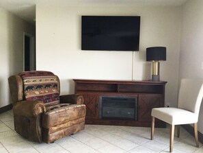 Smart TV, fireplace, books