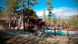 A rustic wooden cabin with a pool, surrounded by trees.