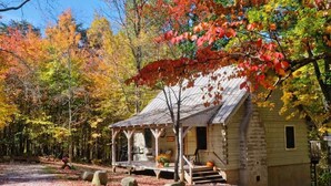 A rustic cabin with a porch, surrounded by autumn foliage.