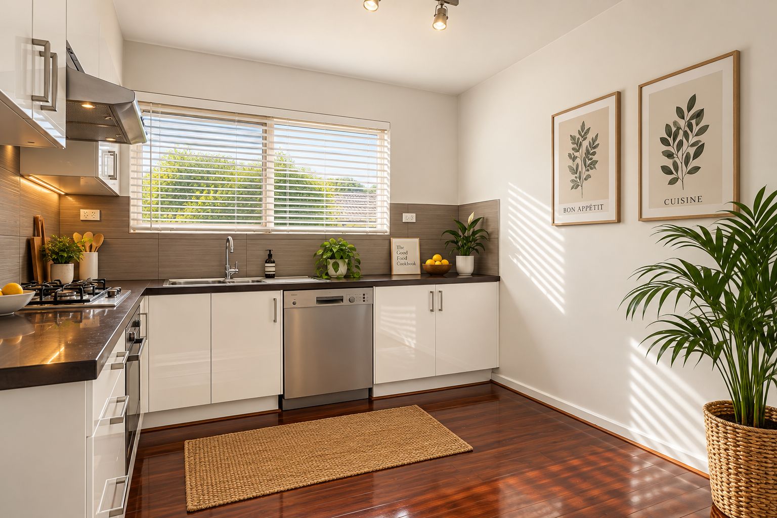 A modern kitchen with white cabinetry, a built-in dishwasher, and a window with blinds.