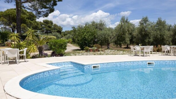 Una piscina con bordo piastrellato, circondata da alberi e mobili da esterno.