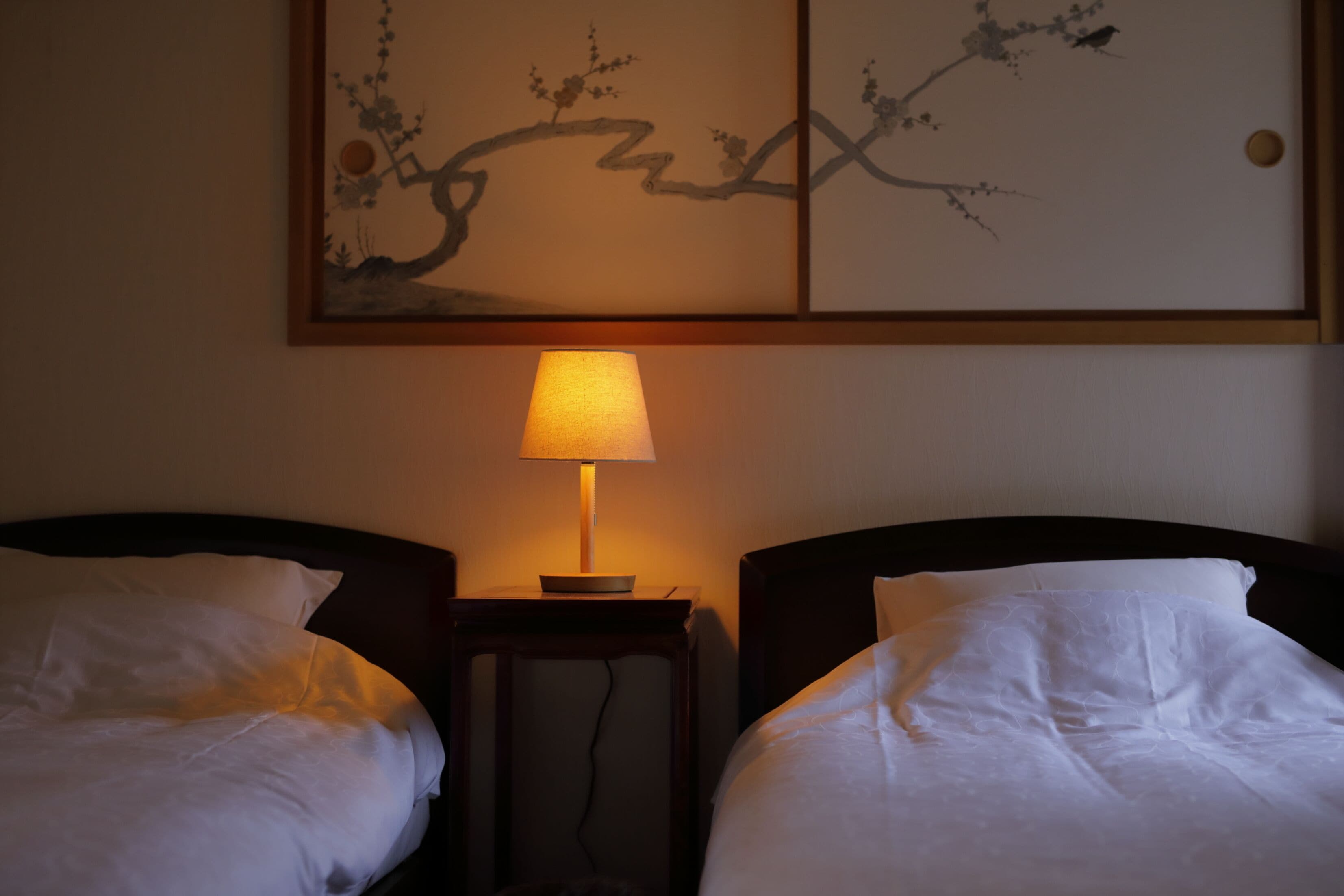 Een hotelkamer met twee eenpersoonsbedden, een nachtkastje met een lamp, en kunst aan de muur.