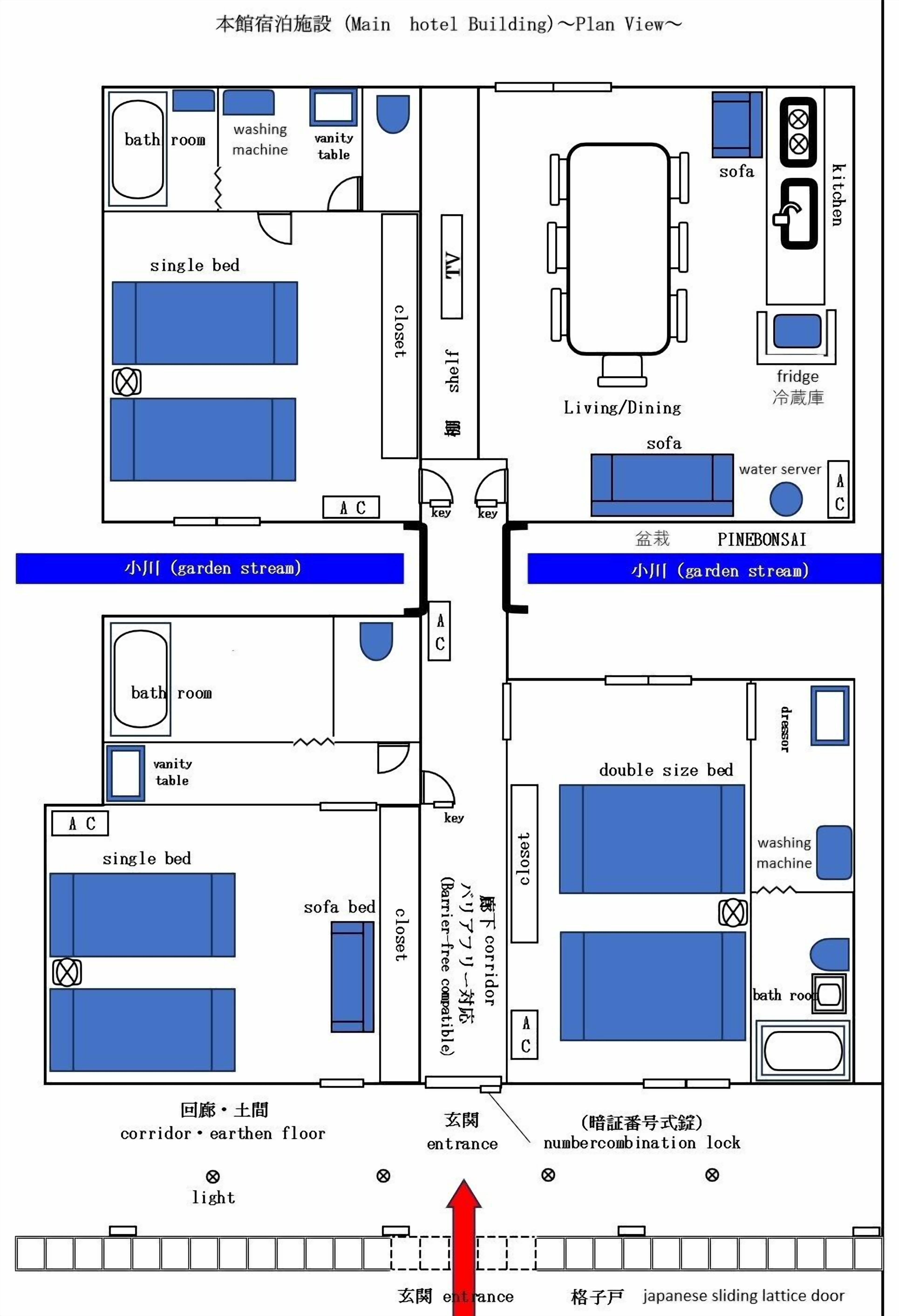 A hotel plan with single and double beds, a living/dining area, kitchen, and a garden stream.