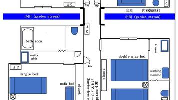 A hotel plan with single and double beds, a living/dining area, kitchen, and a garden stream.