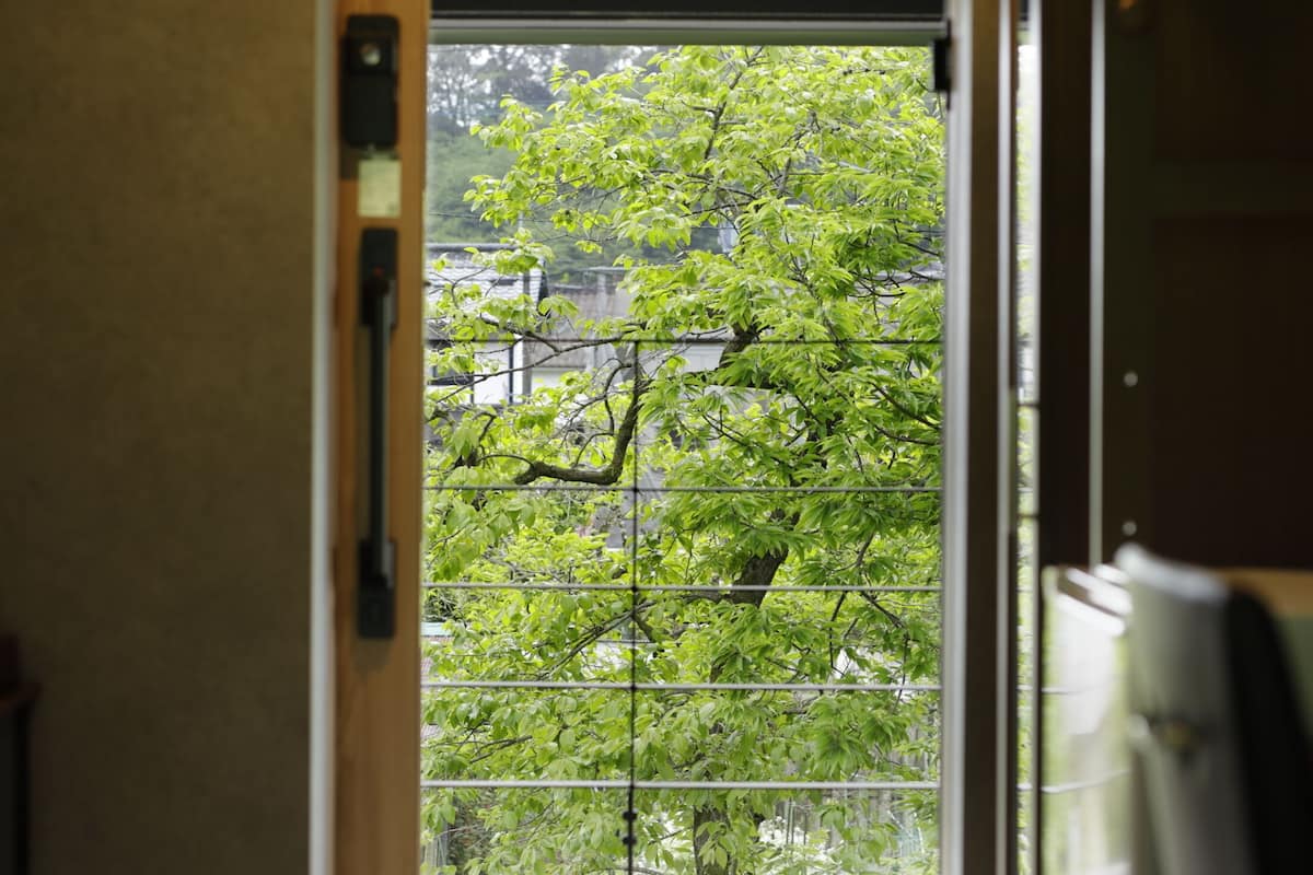 A doorway leading to a balcony with a view of green trees and a building.