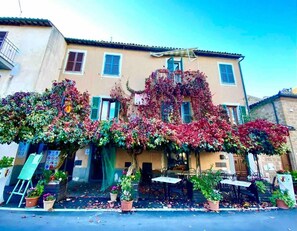 A building with a covered outdoor seating area, potted plants, and a small table and chairs.