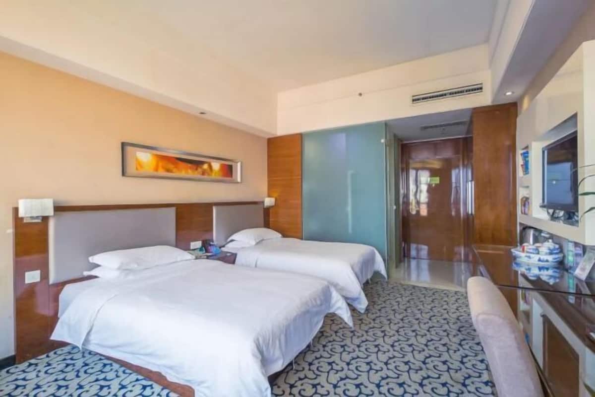 A hotel room with two beds, a TV, a desk, and a patterned carpet.