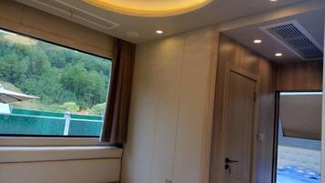 Desk, blackout drapes, rollaway beds, bed sheets