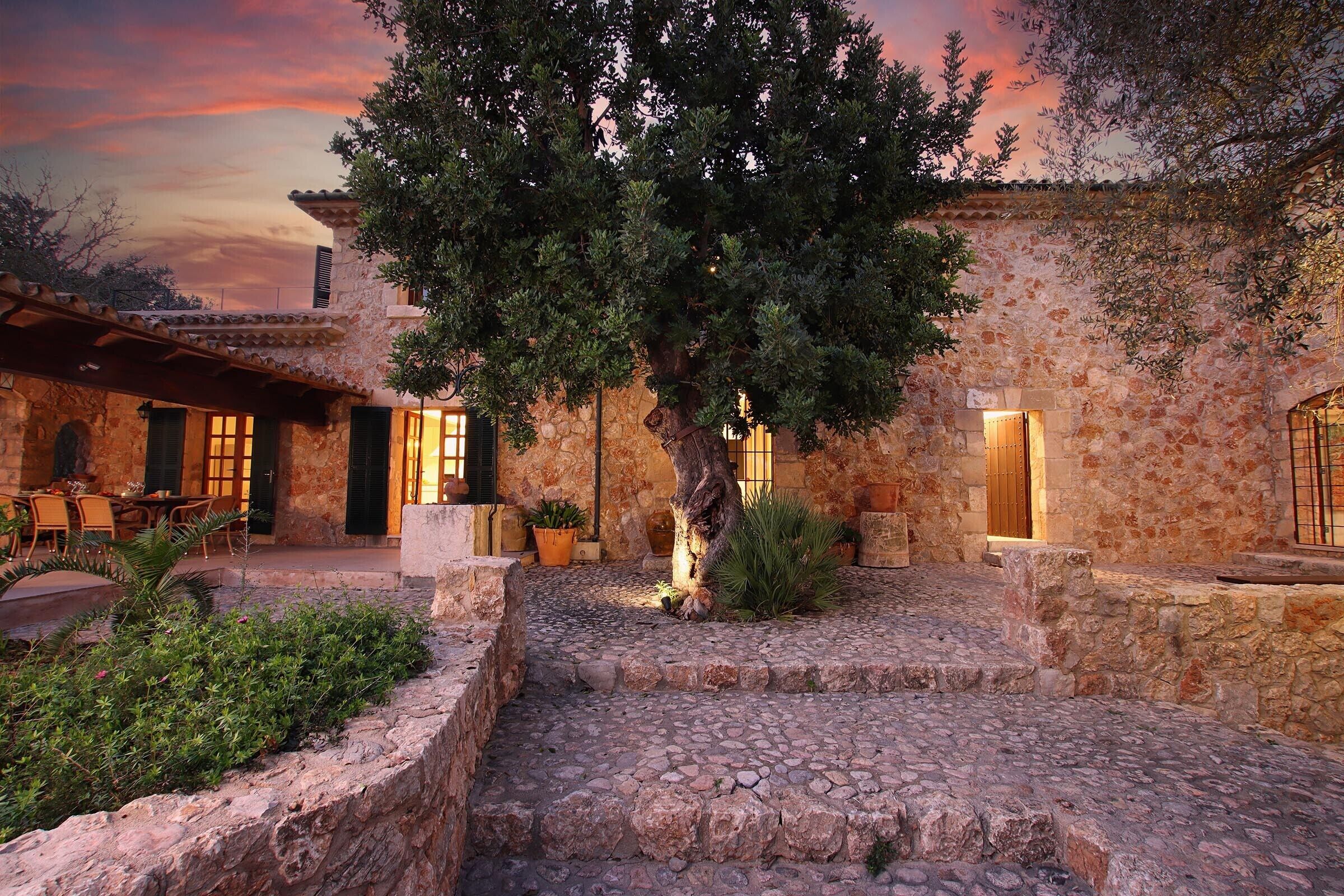 Un patio de piedra con un árbol, mobiliario exterior y un muro de piedra.