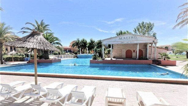 A swimming pool with lounge chairs, a palm tree, and a building labeled "MALIBU".