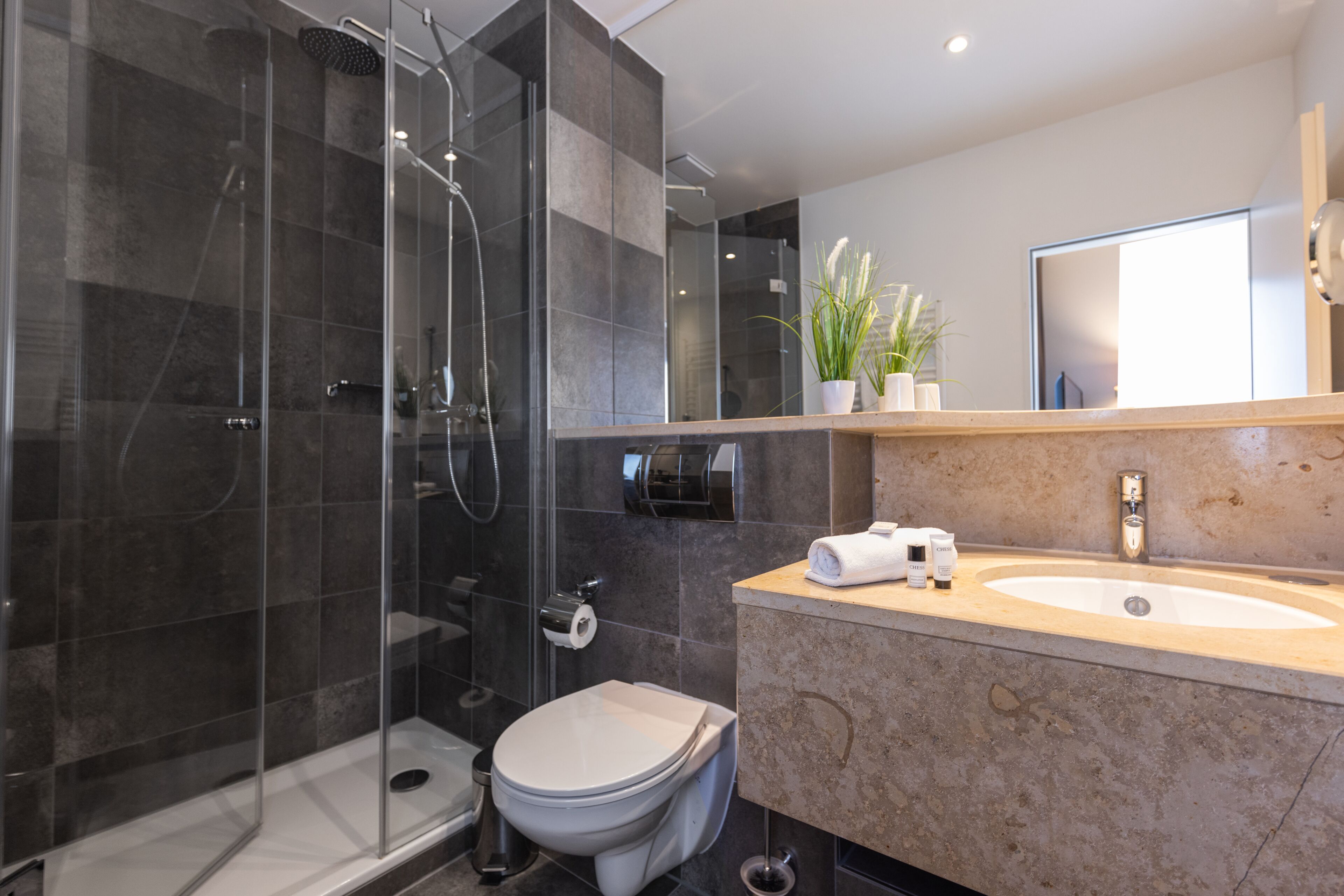 shower, hair dryer, bidet, towels