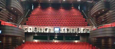 Une grande salle de conférence dotée de gradins et d’une scène à l’avant.