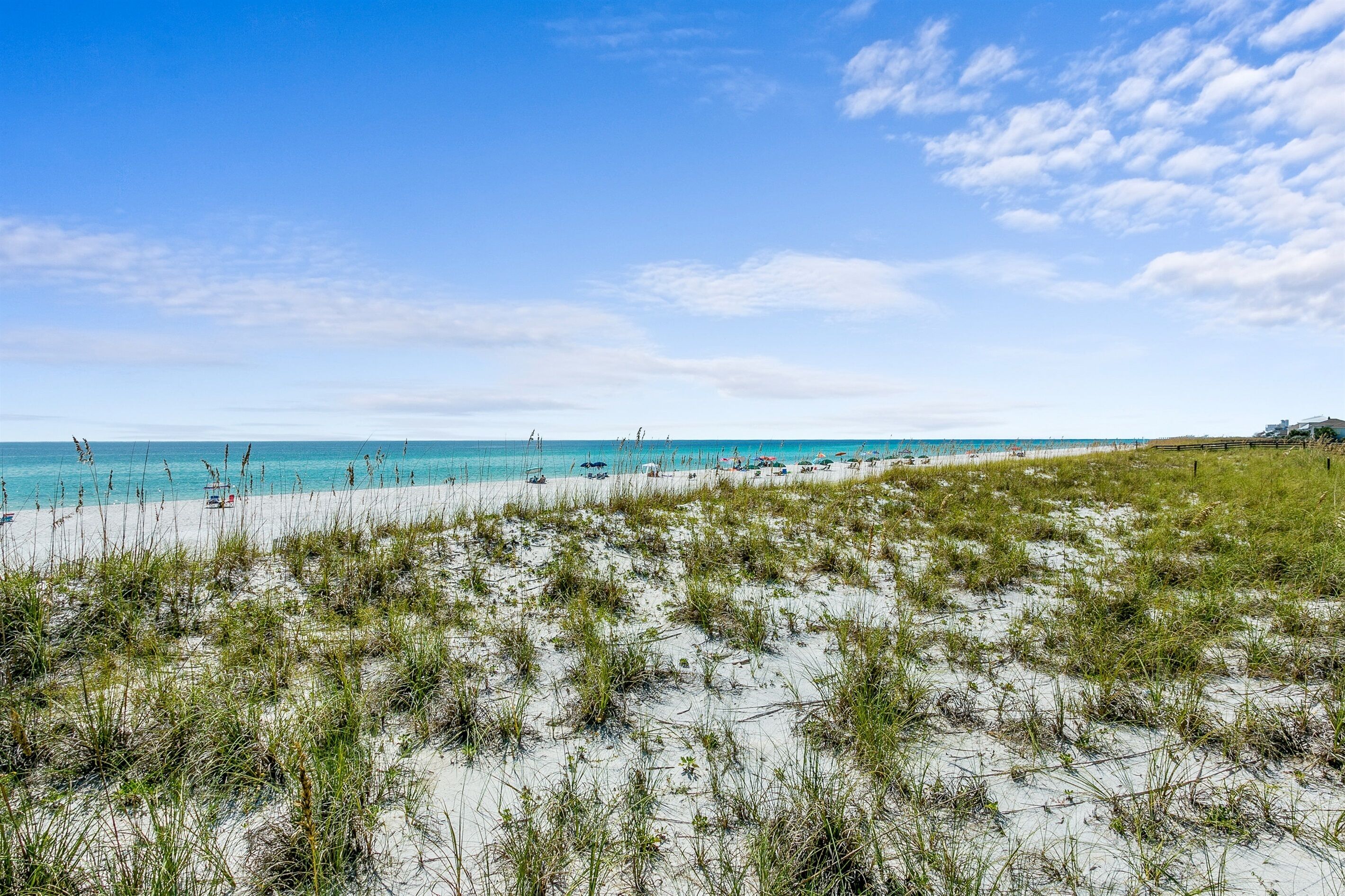 A beach with sand dunes and a clear blue sky.