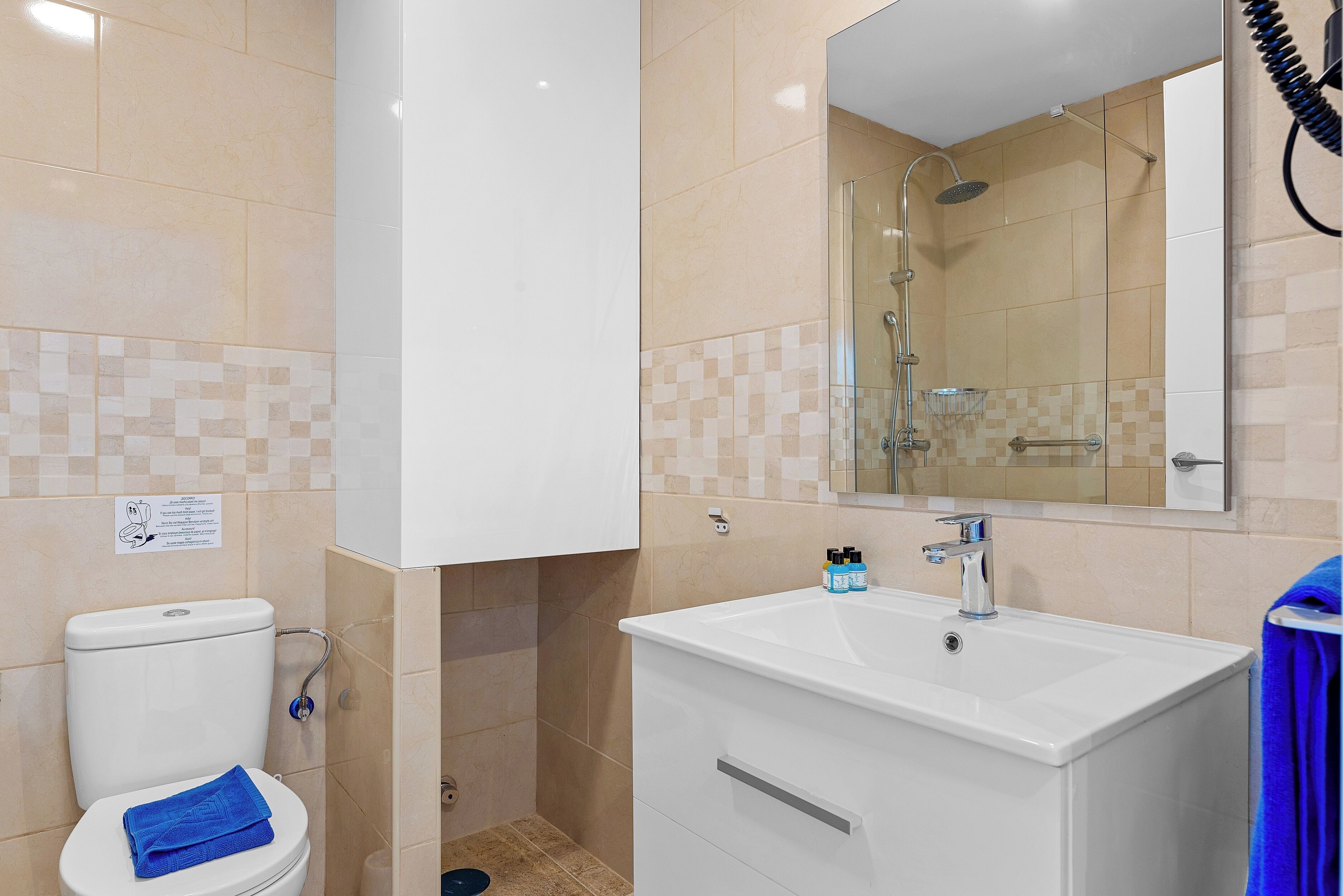 Une salle de bain avec des toilettes, un lavabo et une douche.