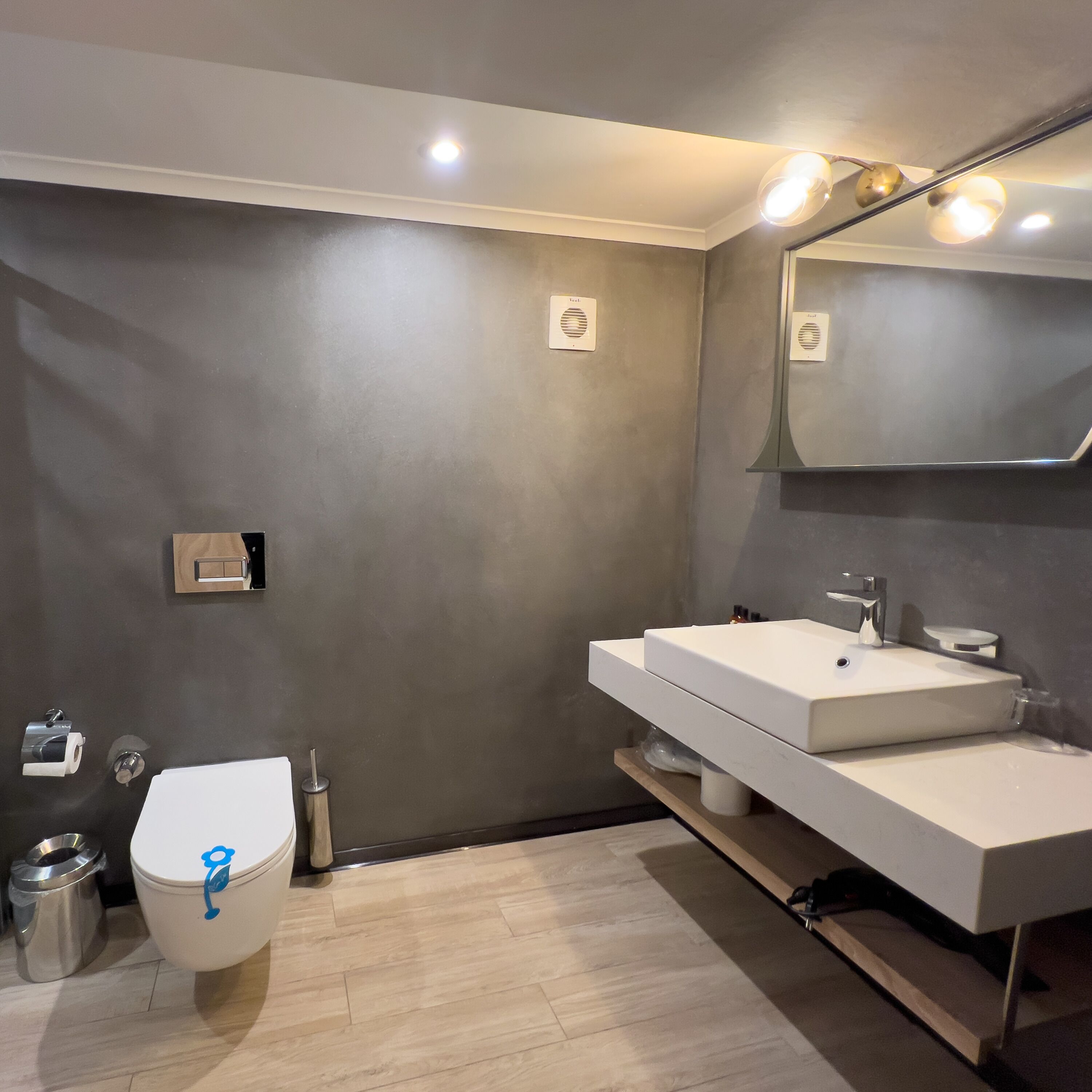 A modern bathroom with a toilet, sink, and mirror.