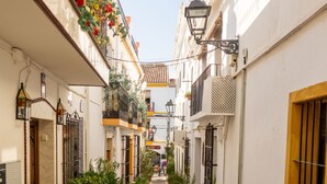 A narrow, stone-paved alley flanked by white buildings with yellow trim, potted plants, and hanging flowers. - Townhouse in the heart of Marbella Old Town (Marbella)