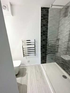 A modern bathroom with a glass shower enclosure, a white toilet, and a towel rack.