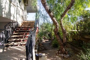 A staircase leading to a building with a garden area.