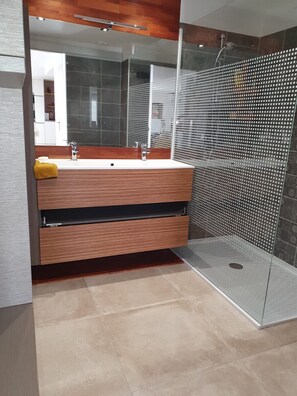 Douche, serviettes fournies, papier toilette