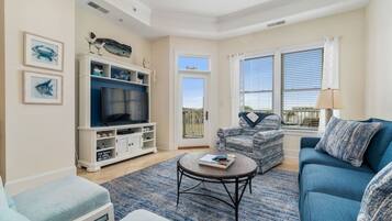 TV connectée, cheminée, jeux vidéo, lecteur de DVD