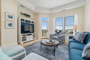 Smart TV, fireplace, video games, DVD player