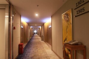 A hotel hallway with carpeted floors, doors on both sides, and a painting on the right wall. - Lidu Hotel (Shaodong)