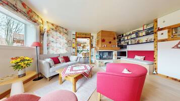 Télévision, cheminée, lecteur de DVD