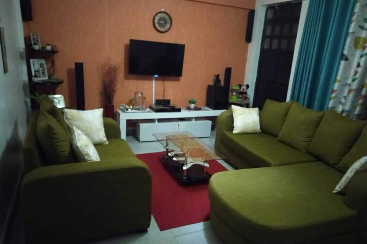 A living room with two green sofas, a coffee table, a flat-screen TV, and a red rug.