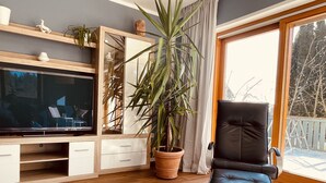 Un salon moderne doté d’un téléviseur à écran plat, d’une grande plante en pot, d’un fauteuil en cuir noir et d’un meuble de rangement en bois.