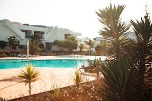 Ett poolområde med en klarblå pool, omgivet av palmer och en modern byggnad med balkonger.