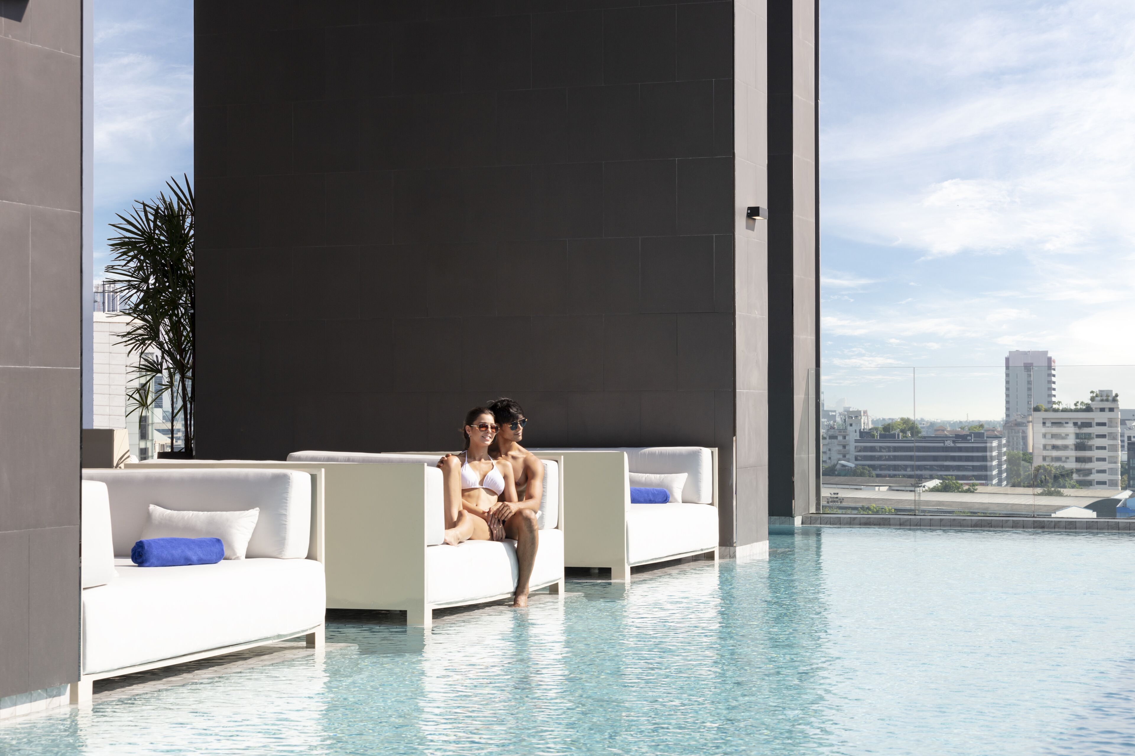 outdoor pool, pool loungers