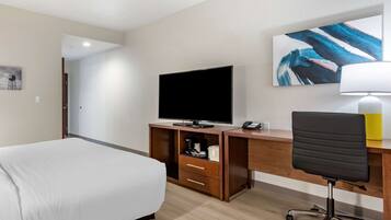 Habitación de hotel con cama, escritorio con televisor de pantalla plana, una silla, una lámpara y un cuadro en la pared.