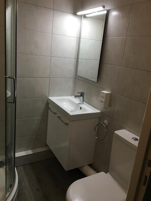 Ein Badezimmer mit Duschkabine aus Glas, einem weißen Waschbecken mit Spiegel darüber und einer Toilette.