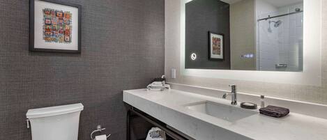 A modern bathroom with a toilet, sink, and mirror.