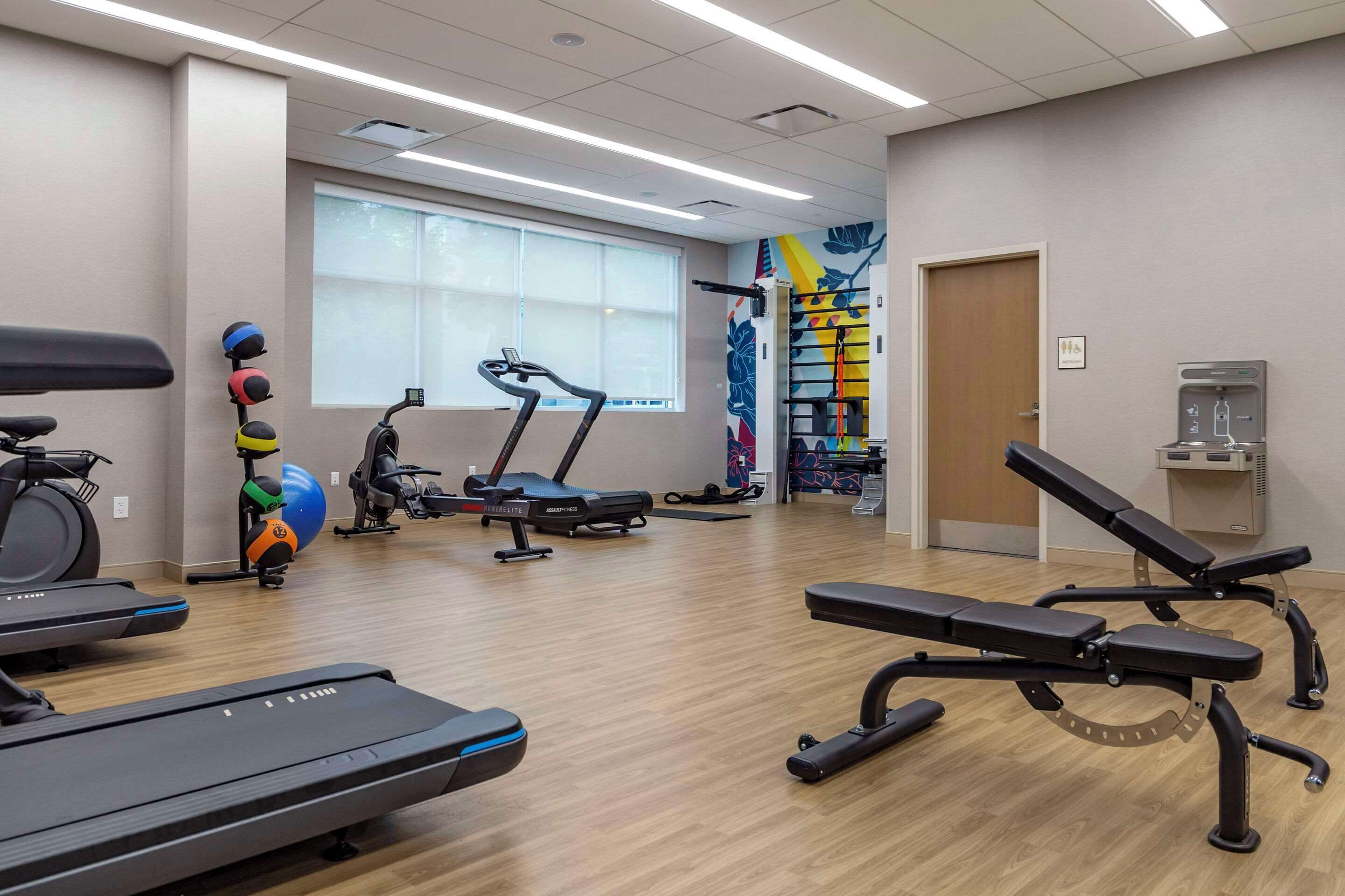 Un gimnasio con cintas de correr, elípticas y pelotas de ejercicio.